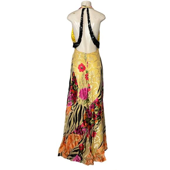 Paris Tony Bowls Yellow Floral Tiger Plunging Neck Sequin Silk Gown Dress Size 8 - Picture 7 of 14